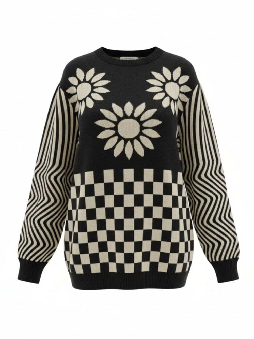 OXKNIT 2XL Black White Daisy Checkerboard Stripe Knit Sweater Retro